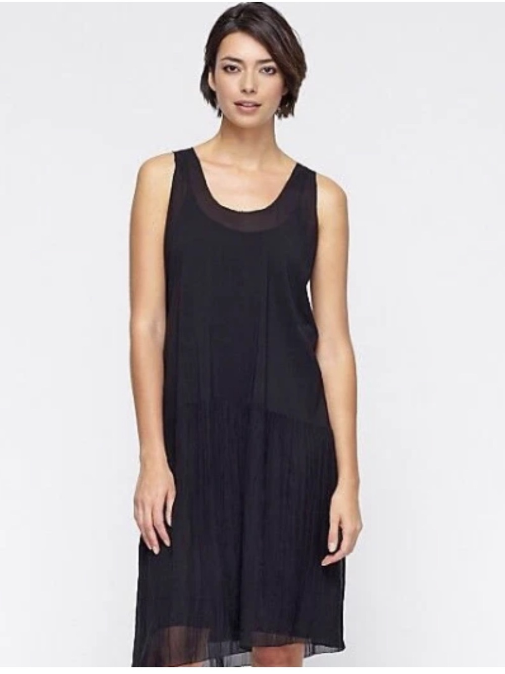 EILEEN FISHER Silk Georgette Black Gathered Sheer U-Neck Sleeveless Dress w Slip - Picture 2 of 11